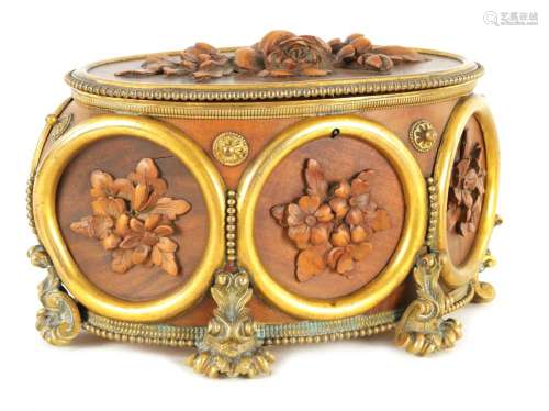 A FINELY CARVED 19TH CENTURY FRENCH OVAL ORMOLU MOUNTED JEWE...