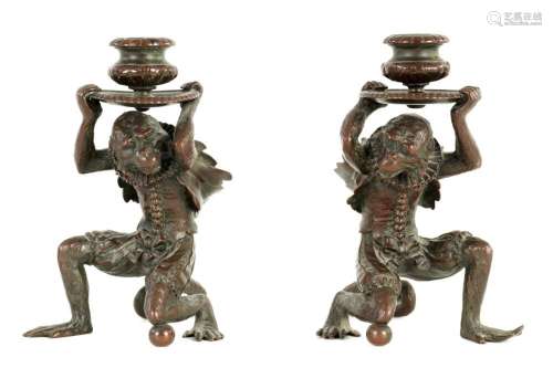 A PAIR OF LATE 19TH CENTURY VIENNA BRONZE FIGURAL CANDLESTIC...
