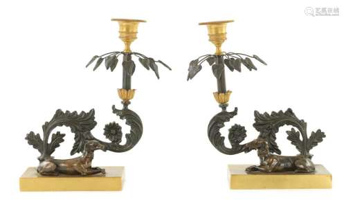 A PAIR OF LATE 19TH CENTURY REGENCY STYLE BRONZE AND GILT BR...