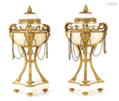 A PAIR OF 19TH CENTURY FRENCH WHITE MARBLE AND ORMOLU CASSOL...