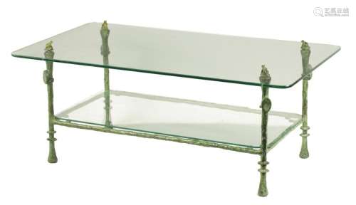 A STYLISH 20TH CENTURY GREEN PATINATED BRONZE GLASS TWO-TIER...