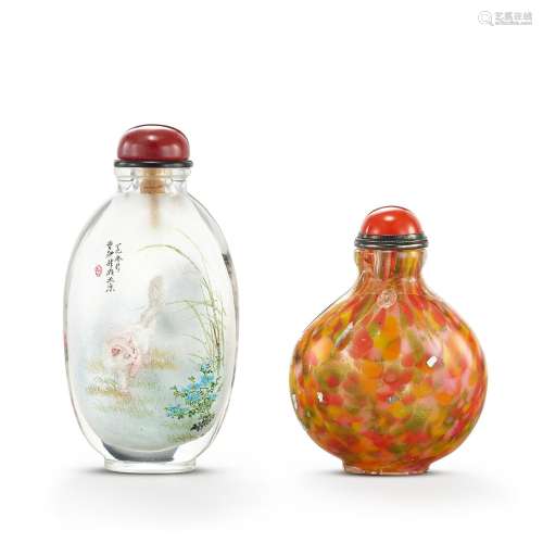 An inside-painted glass 'cats' snuff bottle by Cao M...