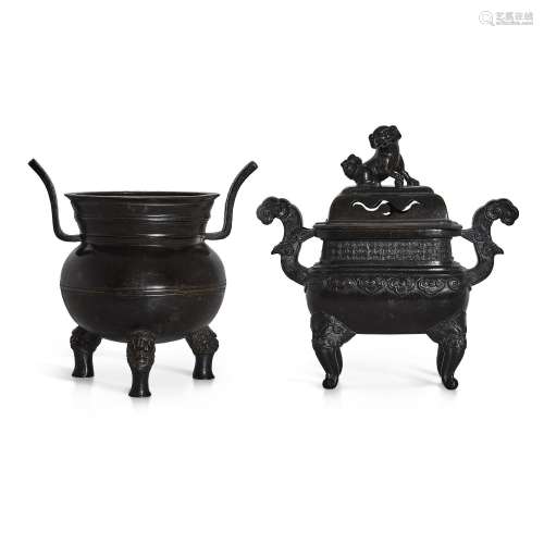 Two bronze incense burners and a bronze lion-finial cover, M...