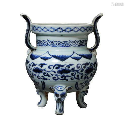 CHINESE YUAN DYNASTY BLUE AND WHITE CENSER 13TH CENTURY