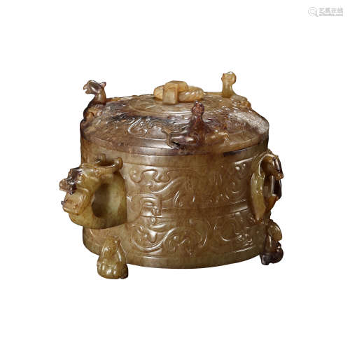 CHINESE HAN DYNASTY HETIAN JADE POT WITH LID, CARVED DRAGON ...