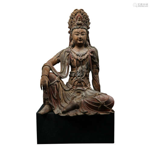 CHINESE SOUTHERN SONG DYNASTY WOOD CARVING GUANYIN SEATED ST...