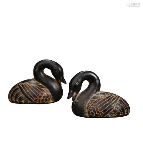 A PAIR OF CHINESE TANG DYNASTY BLUESTONE CARVED MANDARIN DUC...