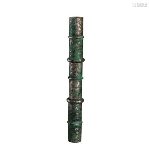 CHINESE WARRING STATES PERIOD BRONZE TUBE INLAID WITH SILVER...
