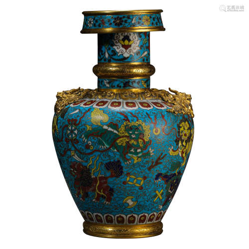 CHINESE QING DYNASTY BRONZE CLOISONNE VASE 18TH CENTURY