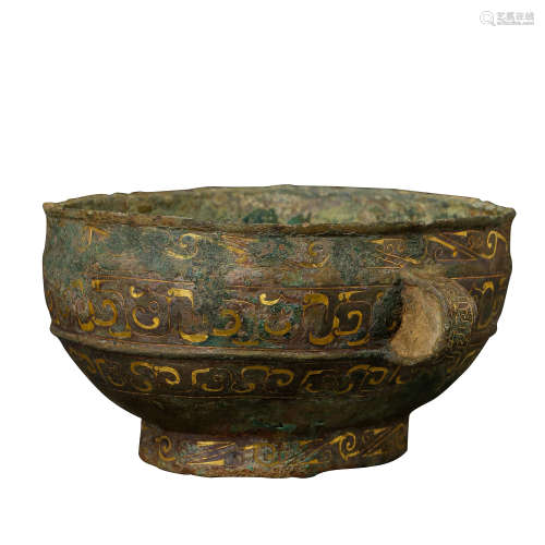 CHINESE WARRING STATES PERIOD, BRONZE CUP INLAID GOLD, 3RD C...