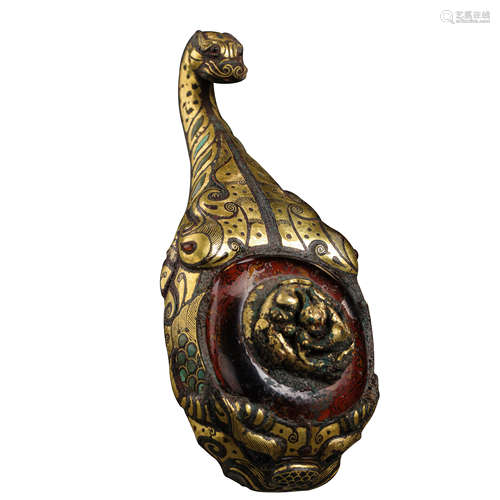 CHINA'S WARRING STATES PERIOD, BRONZE BELT HOOK INLAID GOLD,...