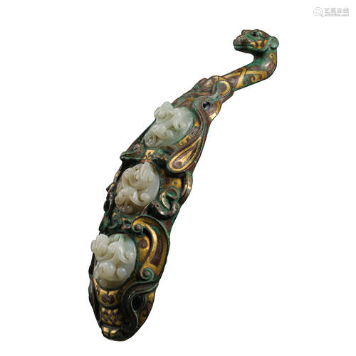 CHINA'S WARRING STATES PERIOD BELT HOOK INLAID WITH GOLD, SI...