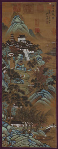 A vertical scroll of Du Mu's Celestial Hill Building in Tang...