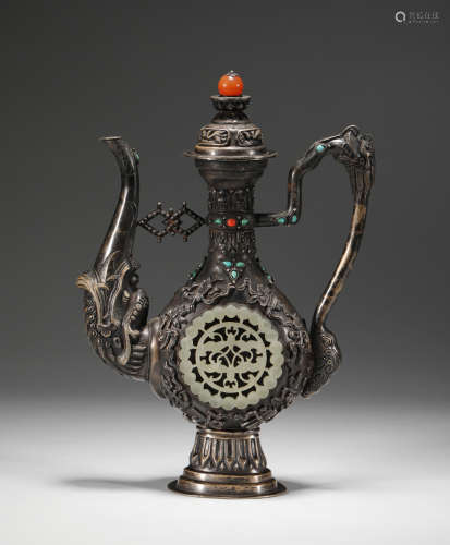 Qing Dynasty silver inlaid Jade dragon head pot