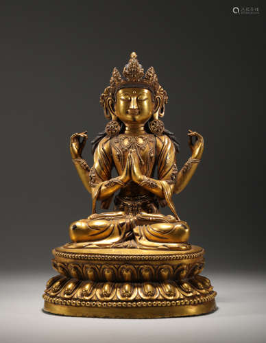 Ming dynasty bronze gilt four arm Guanyin