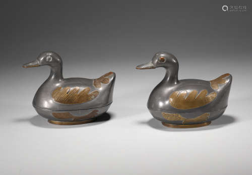 Qing dynasty tin mandarin duck lid box pair