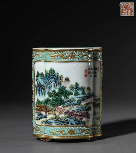 Qianlong year pea green ground pastel window landscape chara...