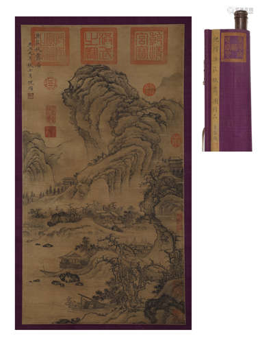 Ming Dynasty Ni Zan fishing zhuangqiu ji picture silk axis