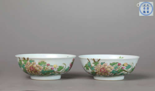 Qing Yongzheng year pastel over branch peony grain bowl pair