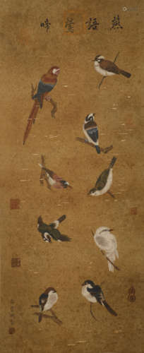 Flowers and birds painted on silk scroll by Xu Chongji in ta...