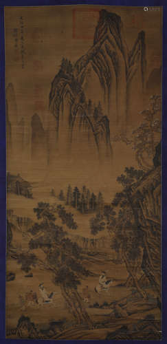 Ming Dynasty zhang Ruitu landscape figures on silk axis