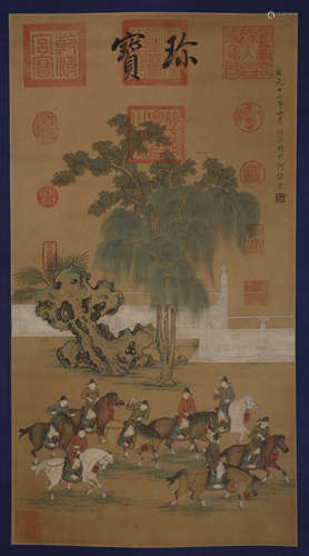 Chinese Yuan Dynasty Ren Ziming polo scroll on silk