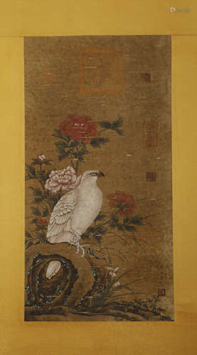 Huang Ju picking flowers and birds on silk scroll painting o...