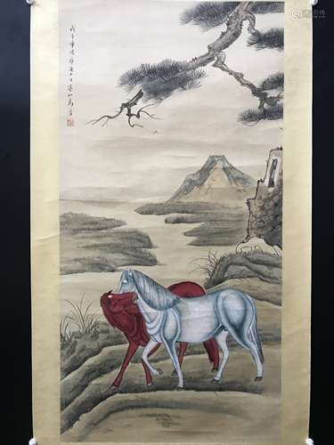 馬晉  雙馬圖 纸本立轴