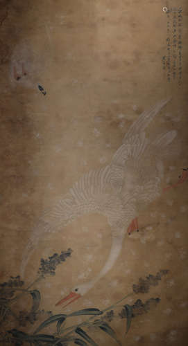 Ancient China, ink painting, flowers and birds, silk scroll