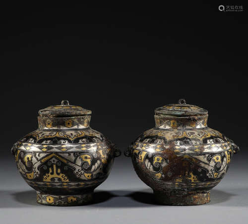 In the Han Dynasty, a pair of bronze gold and silver inlaid ...