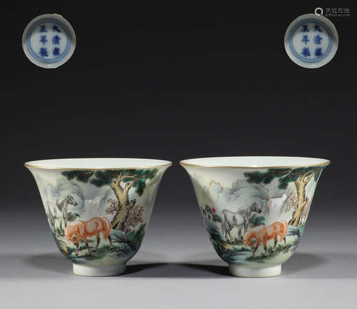 In the Qing Dynasty, a pair of pastel teacups