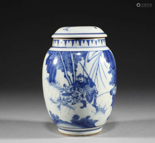 Qing Dynasty, blue and white character story, lotus seed jar