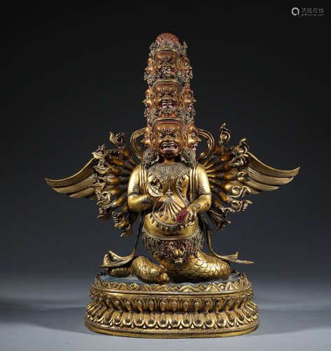 Ming Dynasty, bronze gilded dragon subduing Guanyin statue