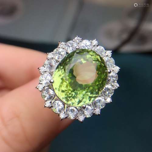 天然宝石苹果绿绿碧玺18k金钻石戒指