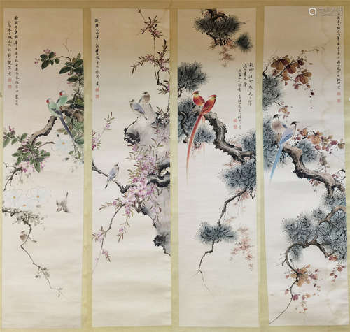 顏伯龍 花鳥四屏（原裝舊裱、文物商店舊藏、帶火漆） 紙本設色 立軸