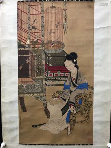 仇英  仕女花鳥 纸本立轴