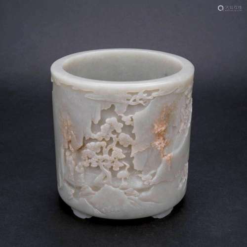 MAGNIFICENT WHITE JADE BRUSH POT ON STAND