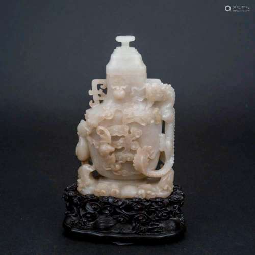 CHINESE JADE COVERED URN WITH DRAGON & BATS MOTIF