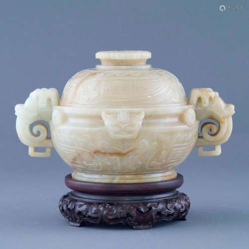 JADE TRIPOD CENSER IN ARCHAIC RELIEF ON STAND