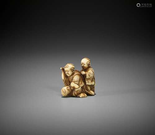 ONO RYOMIN II: A FINE AND AMUSING IVORY NETSUKE OF THREE BOY...