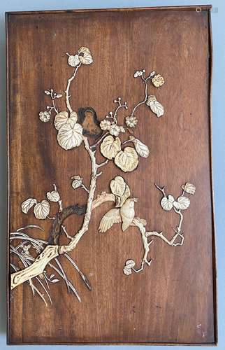 A SHIBAYAMA-INLAID WOOD PANEL WITH BIRDS ON A TREE