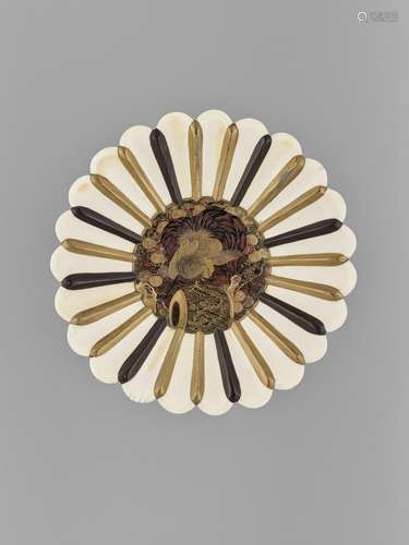 A LACQUERED WOOD AND IVORY FOOTED DISH PLATE