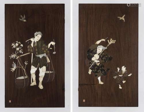 A PAIR OF LARGE SHIBAYAMA-INLAID WOOD PANELS OF STREET VENDO...