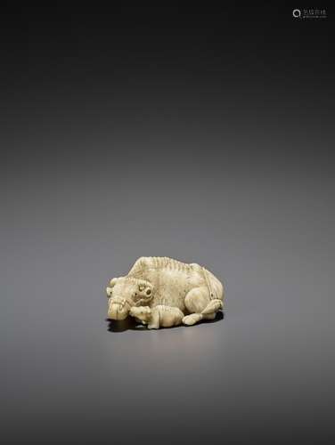 MITSUCHIKA: A LARGE AND RARE WALRUS IVORY NETSUKE OF A RECUM...