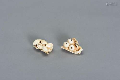 TWO STILL LIFE IVORY NETSUKE WITH SMALL CREATURES