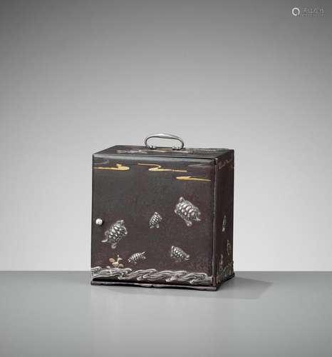 AN EXCEPTIONALLY RARE INLAID IRON MINIATURE KODANSU (CABINET...