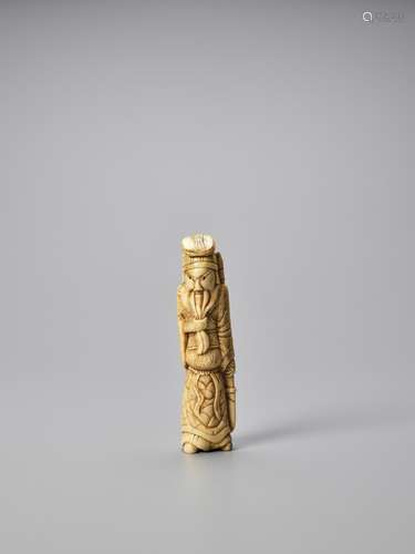 A POWERFUL AND LARGE BONE NETSUKE OF KAN’U