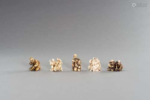 A GROUP OF FIVE FIGURAL IVORY NETSUKE