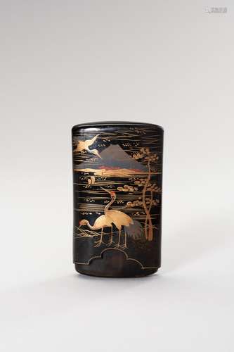 A FINE LACQUERED TORTOISESHELL CASE WITH MOUNT FUJI AND CRAN...