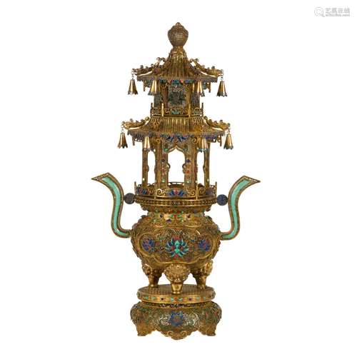 GILT SILVER FILIGREE INLAID PAGODA CENSER